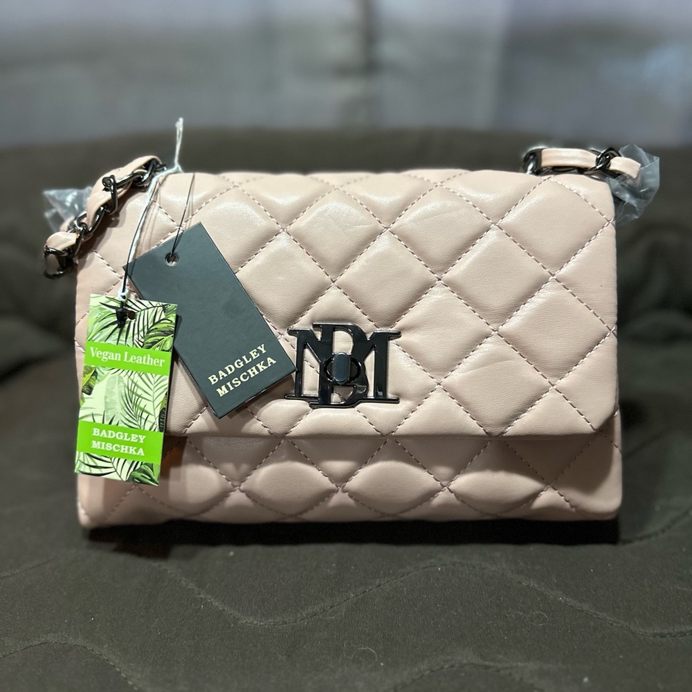 Badgley Mischka Pink Quilted Crossbody Bag with Silver Hardware